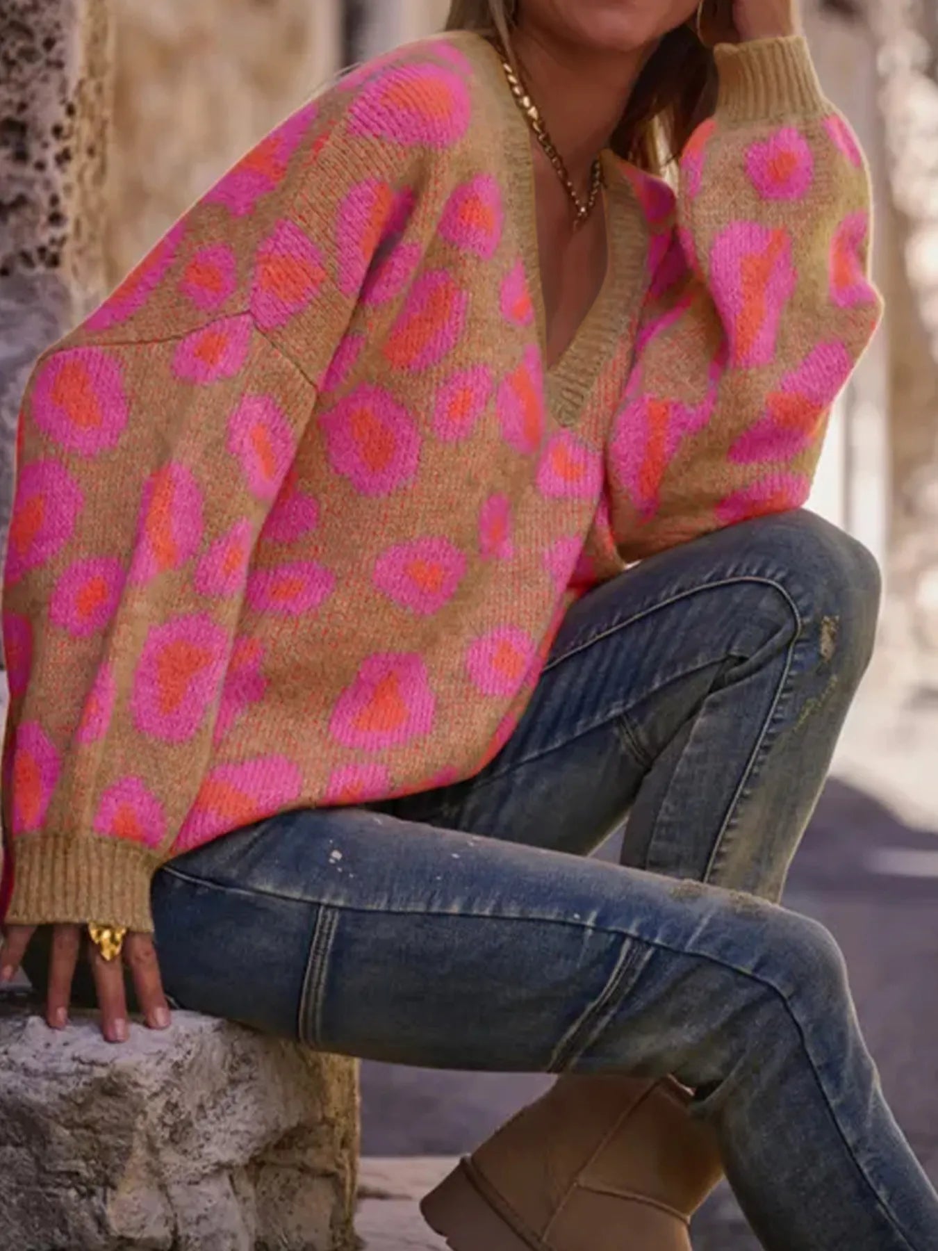 Leopard Oversized V-Neck Sweater.