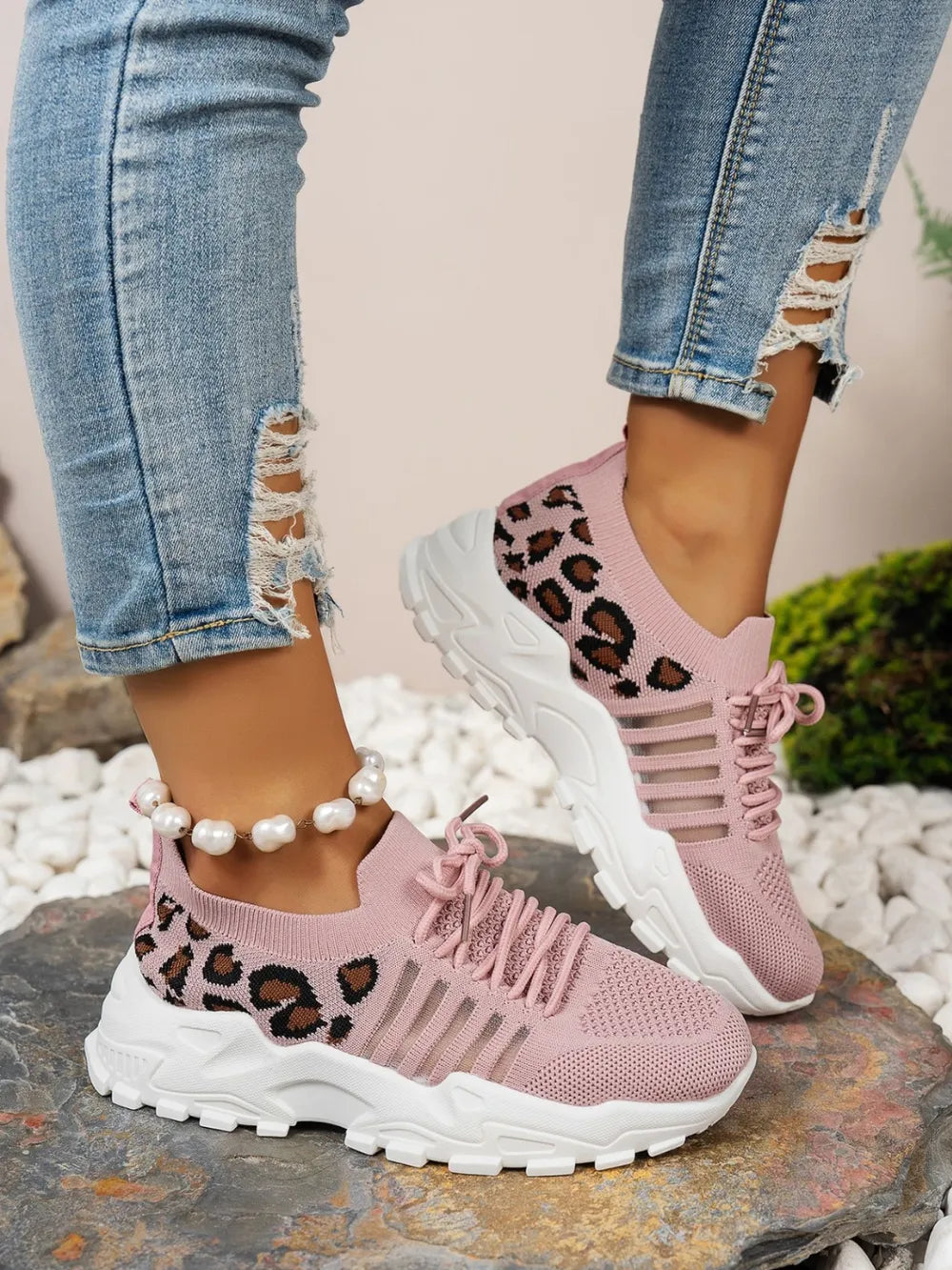 Cutout Leopard Lace Up Mesh Athletic.