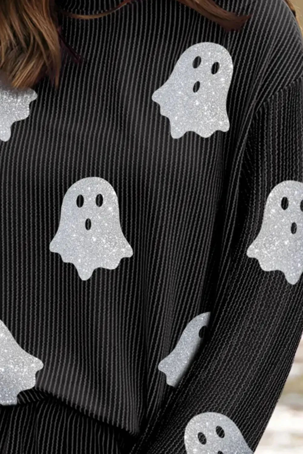 Glitter Ghost Round Neck Long Sleeve Top and Shorts Set.
