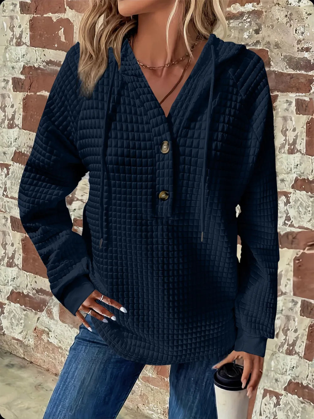 Full Size Texture Button Detail Drawstring Long Sleeve Hoodie.