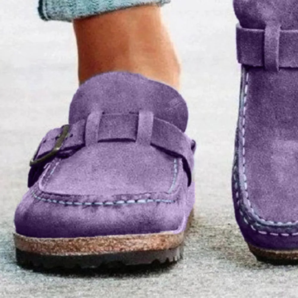 Round Toe Low Heel Buckle Loafers.