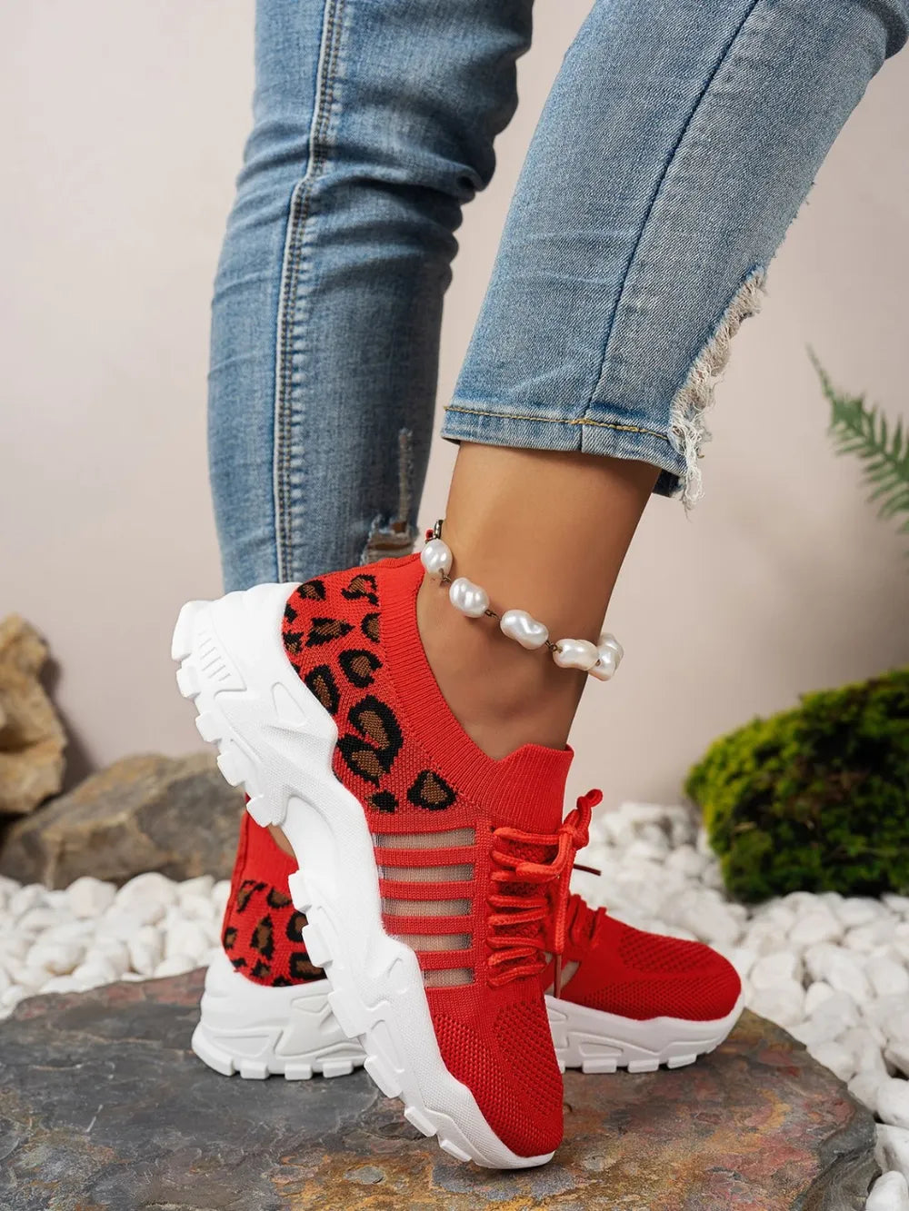Cutout Leopard Lace Up Mesh Athletic.