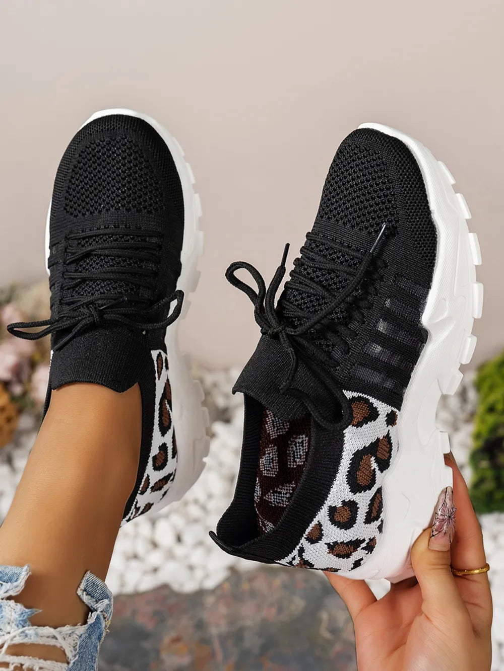 Cutout Leopard Lace Up Mesh Athletic.