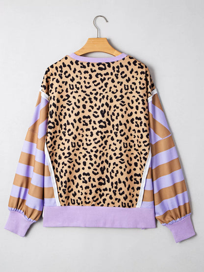 Stripe Color Block Patchwork Leopard Casual Sweatshirt with Slits.