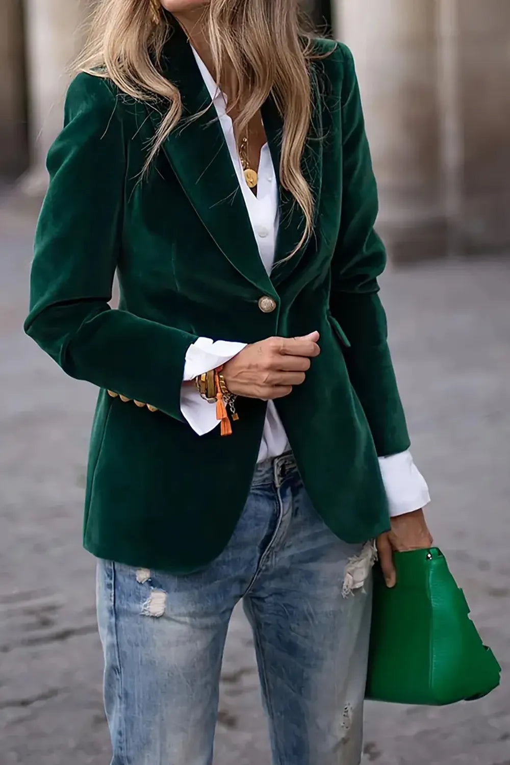 One Button Lapel Collar Long Sleeve Blazer.