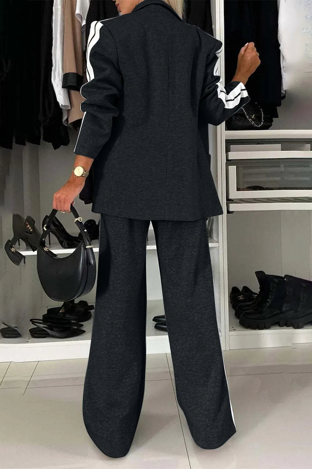 Full Size Contrast Lapel Collar Top and Pants Set.
