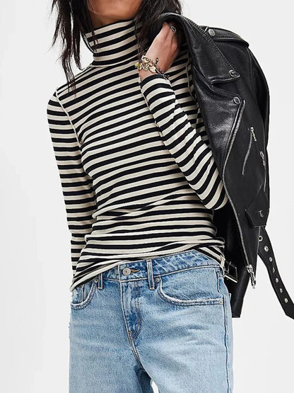 Exposed Seam Striped Turtleneck Long Sleeve T-Shirt.