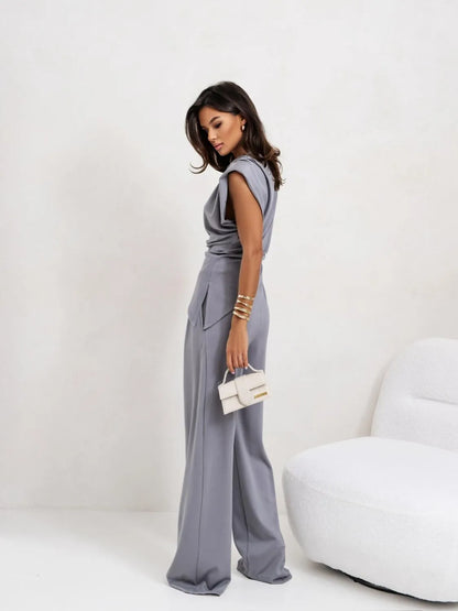 Slit Ruched Top and Wide Leg Pants Set.