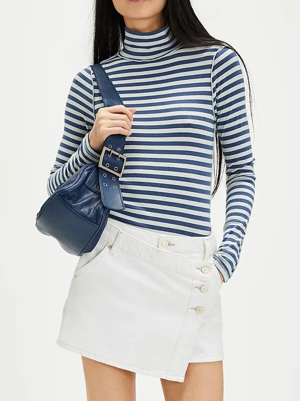 Exposed Seam Striped Turtleneck Long Sleeve T-Shirt.