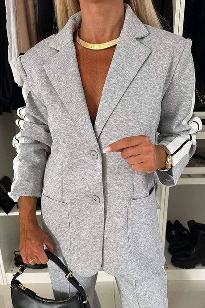 Full Size Contrast Lapel Collar Top and Pants Set.