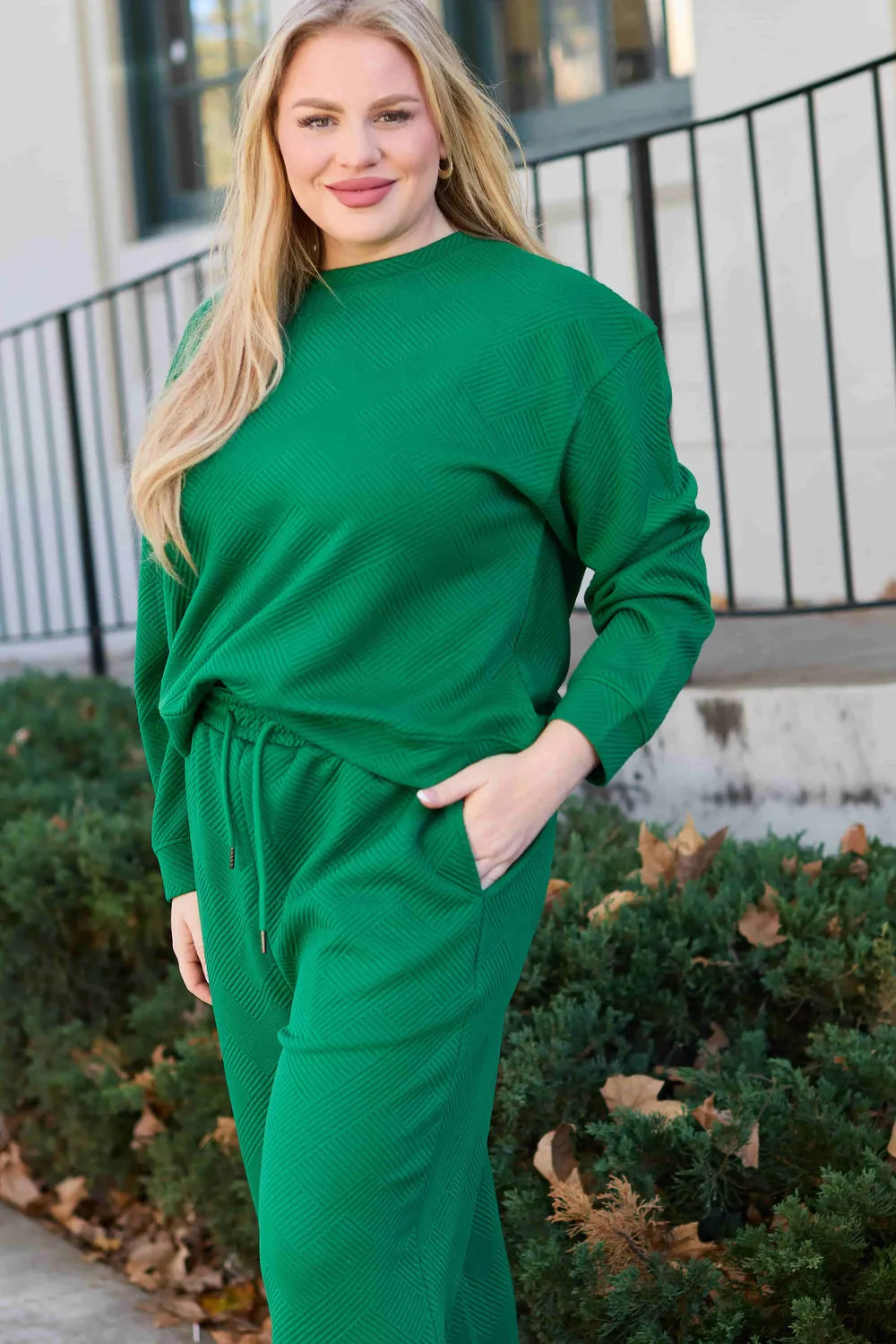 Double Take Full Size Textured Long Sleeve Top and Drawstring Pants Set.