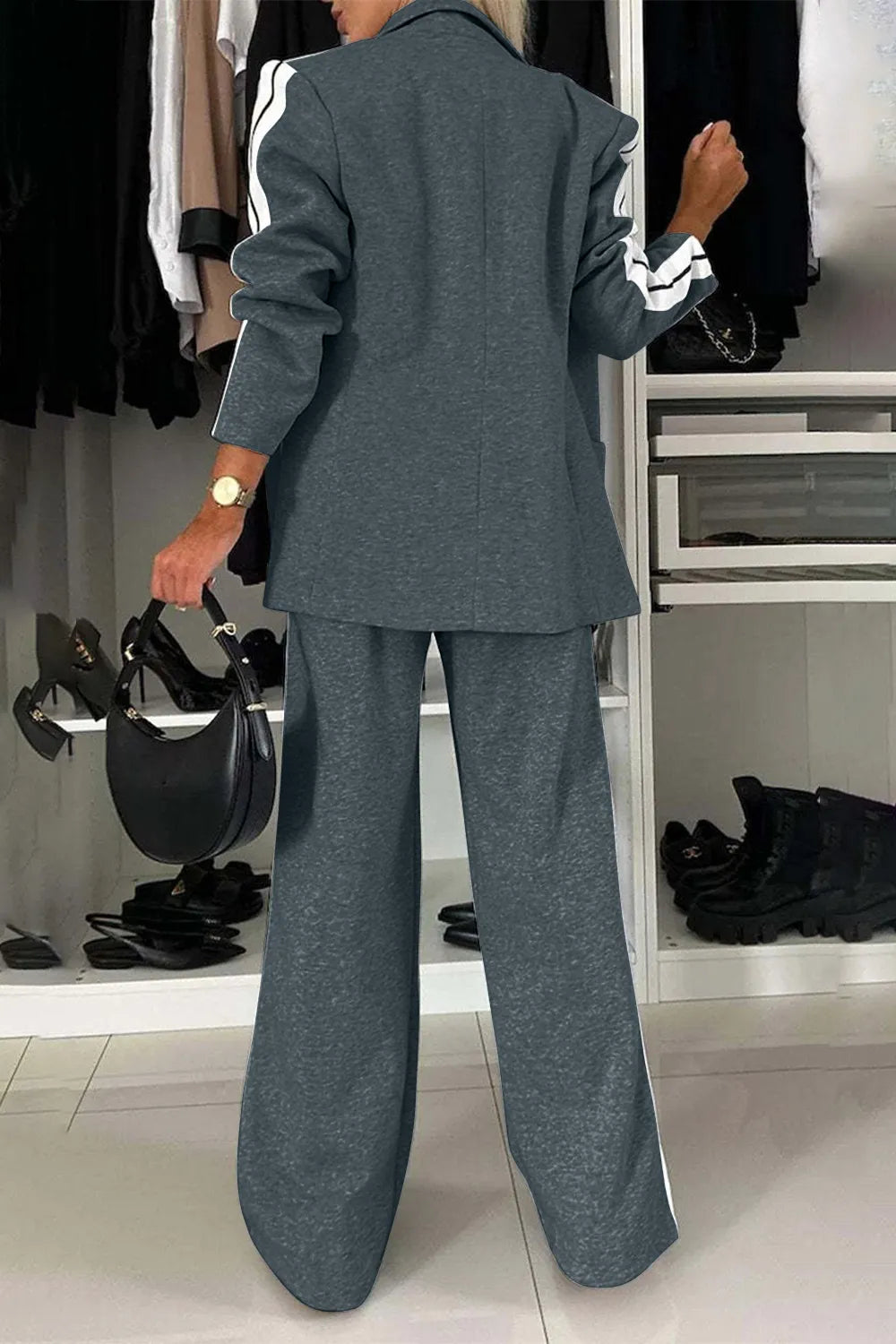 Full Size Contrast Lapel Collar Top and Pants Set.