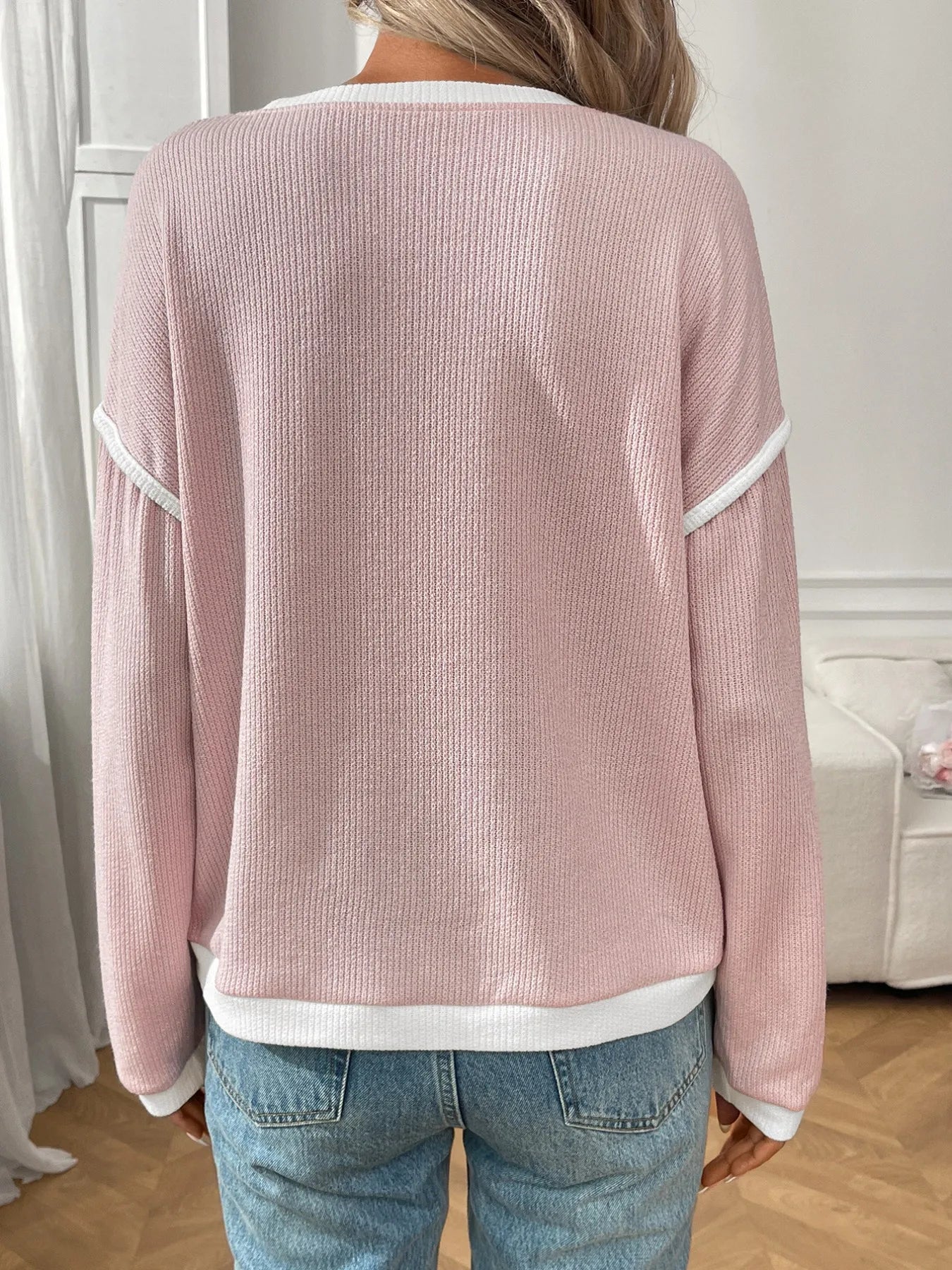 Ribbed Contrast Trim Long Sleeve Top.