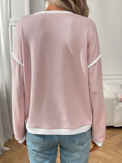 Ribbed Contrast Trim Long Sleeve Top.