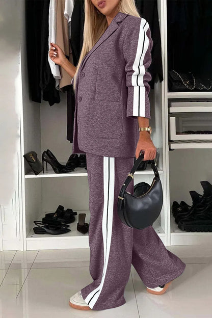 Full Size Contrast Lapel Collar Top and Pants Set.