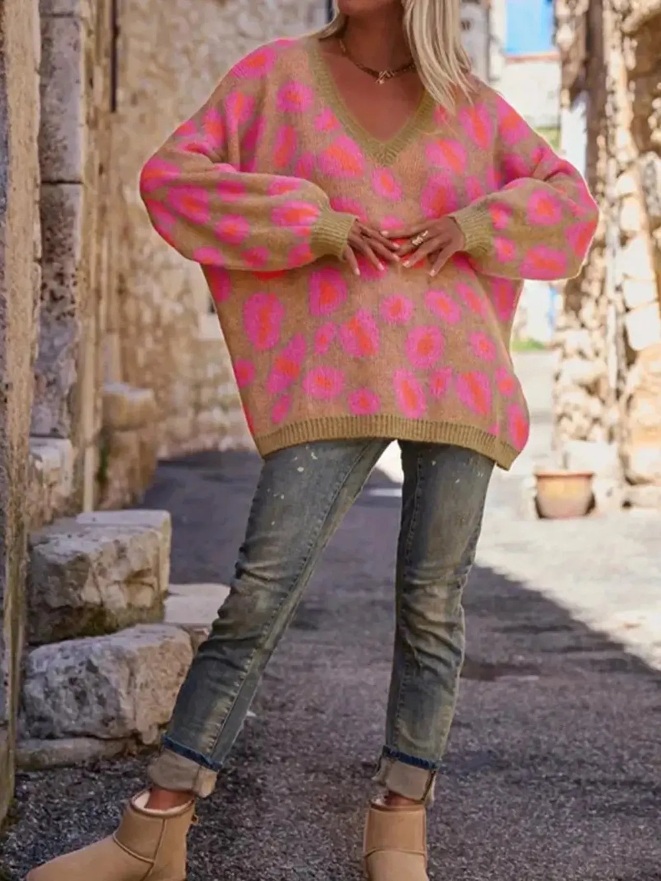 Leopard Oversized V-Neck Sweater.