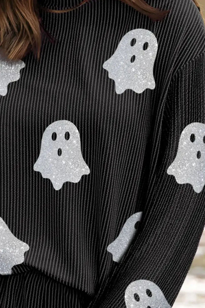 Glitter Ghost Round Neck Long Sleeve Top and Shorts Set.