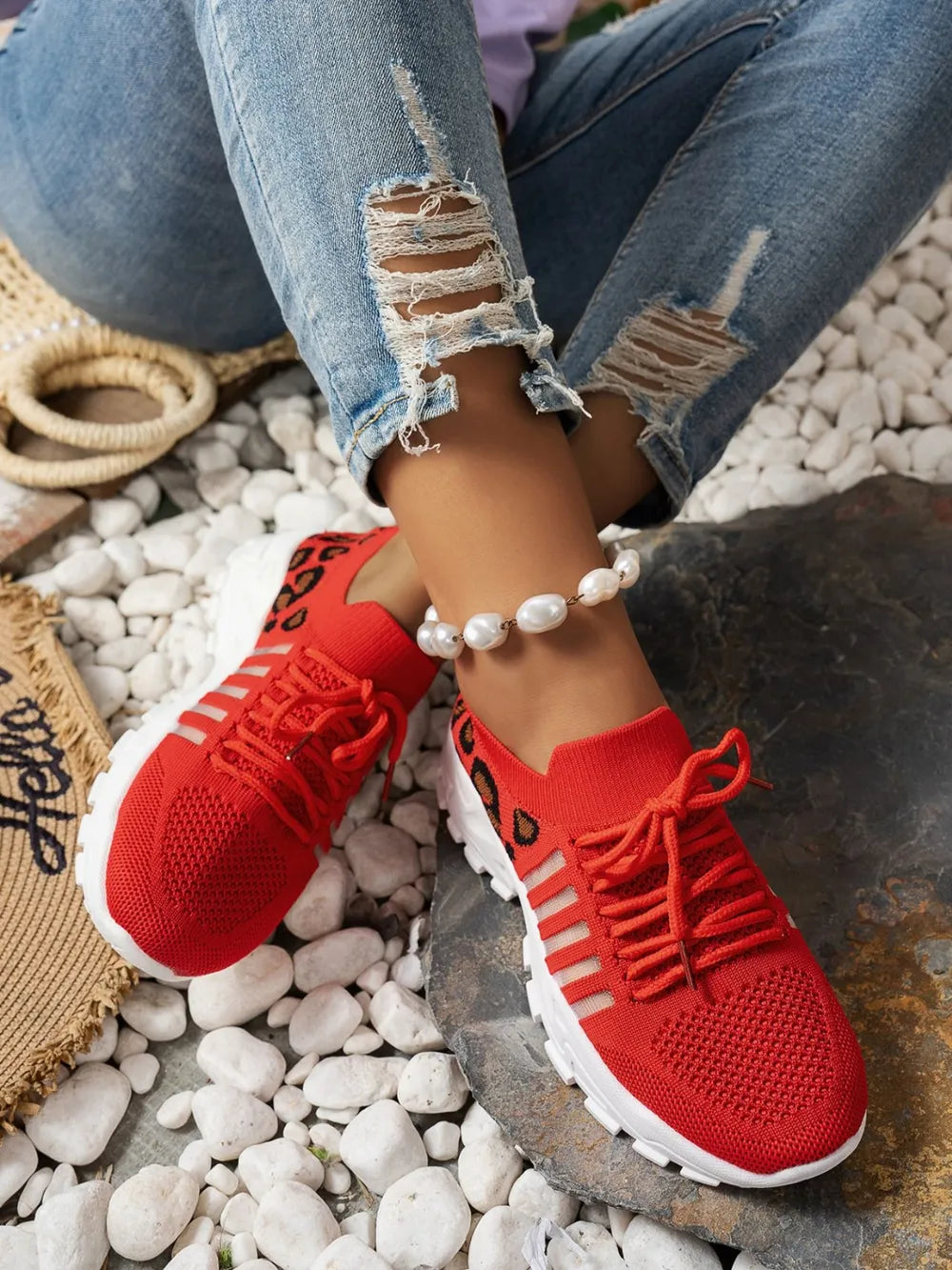 Cutout Leopard Lace Up Mesh Athletic.