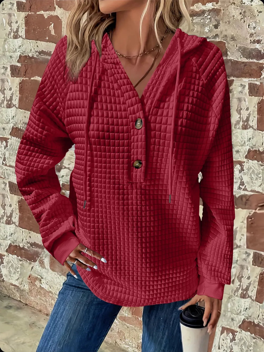 Full Size Texture Button Detail Drawstring Long Sleeve Hoodie.