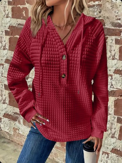 Full Size Texture Button Detail Drawstring Long Sleeve Hoodie.