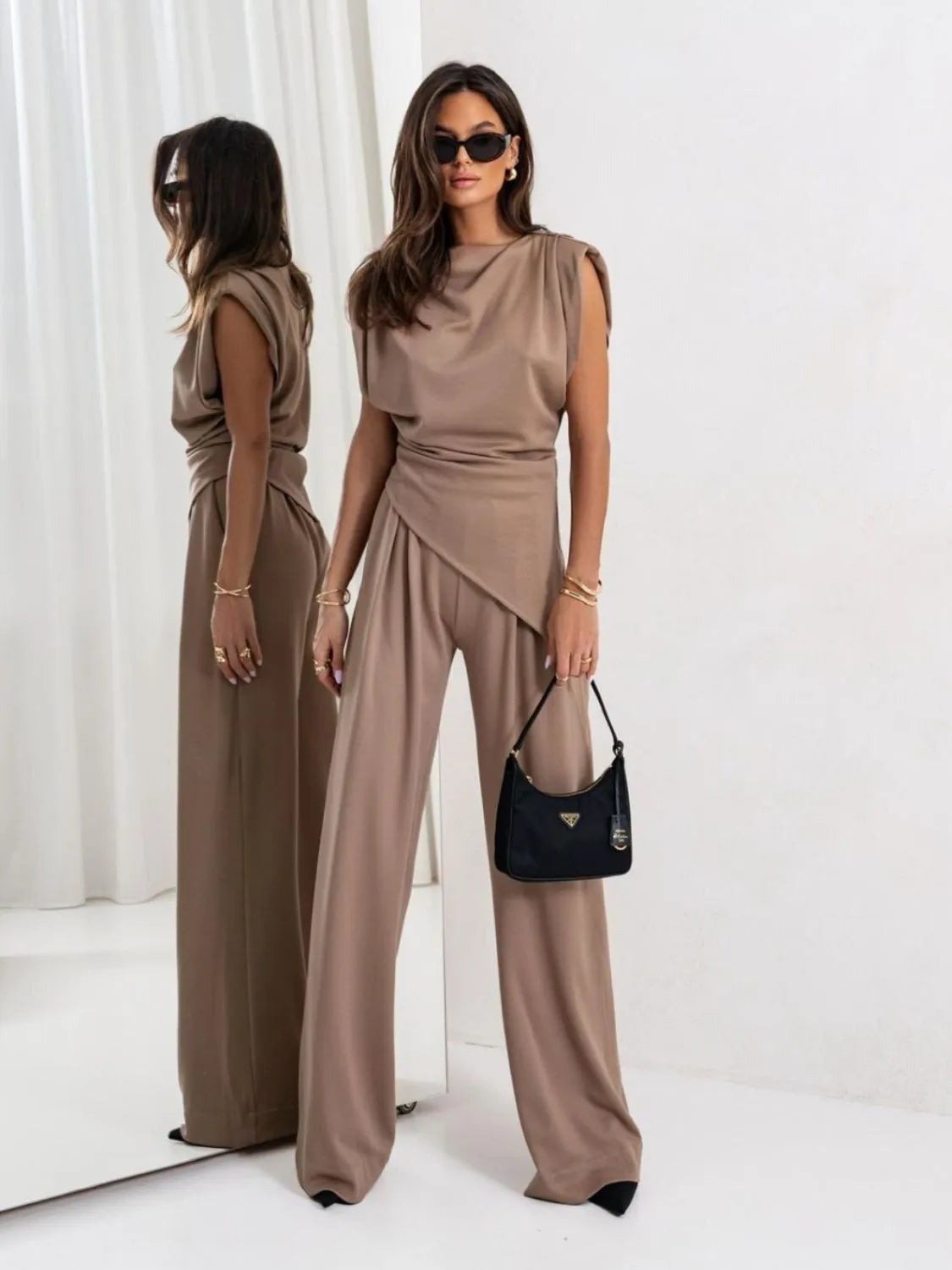 Slit Ruched Top and Wide Leg Pants Set.