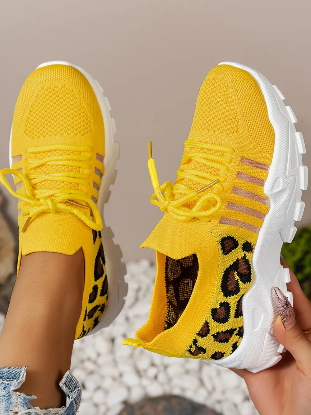 Cutout Leopard Lace Up Mesh Athletic.