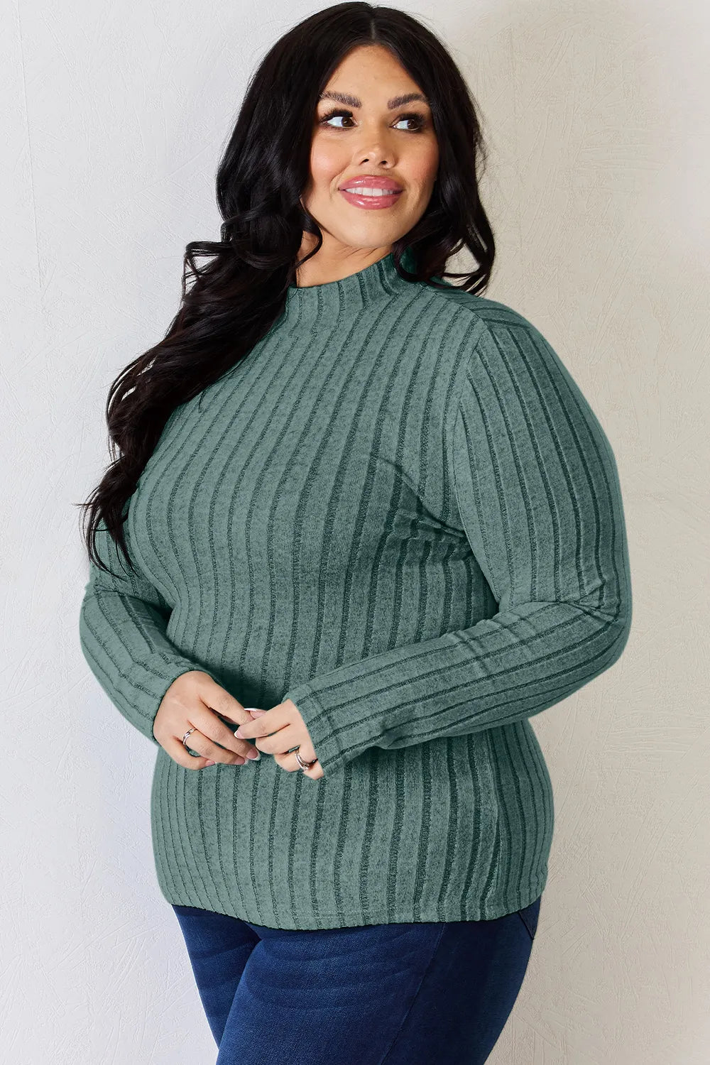 Basic Bae Full Size Ribbed Mock Neck Long Sleeve T-Shirt.