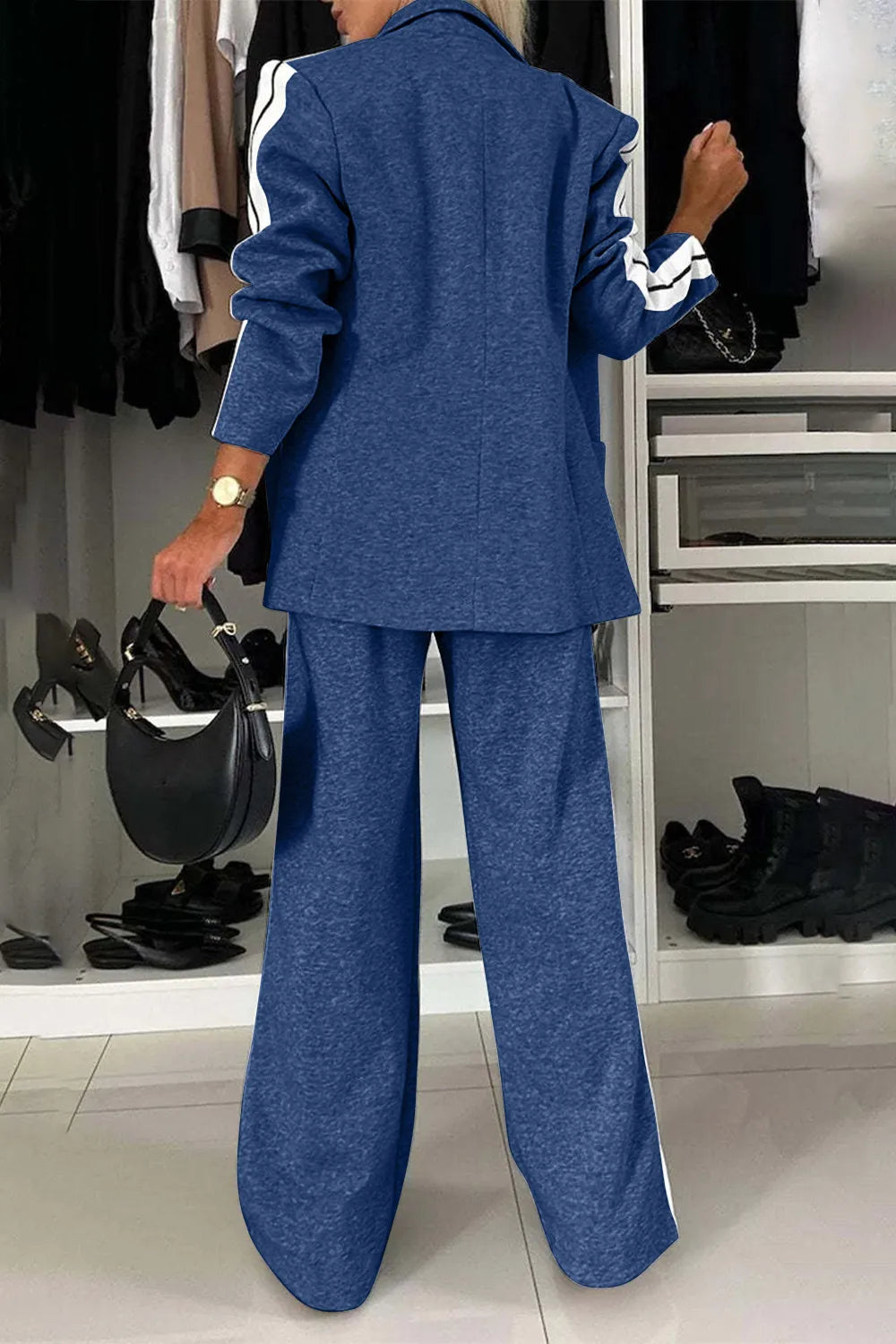 Full Size Contrast Lapel Collar Top and Pants Set.