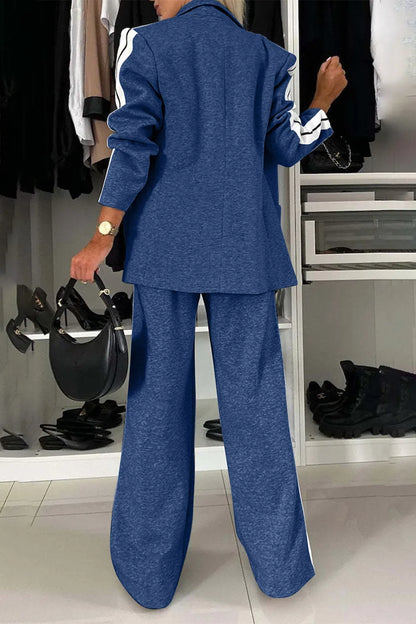 Full Size Contrast Lapel Collar Top and Pants Set.