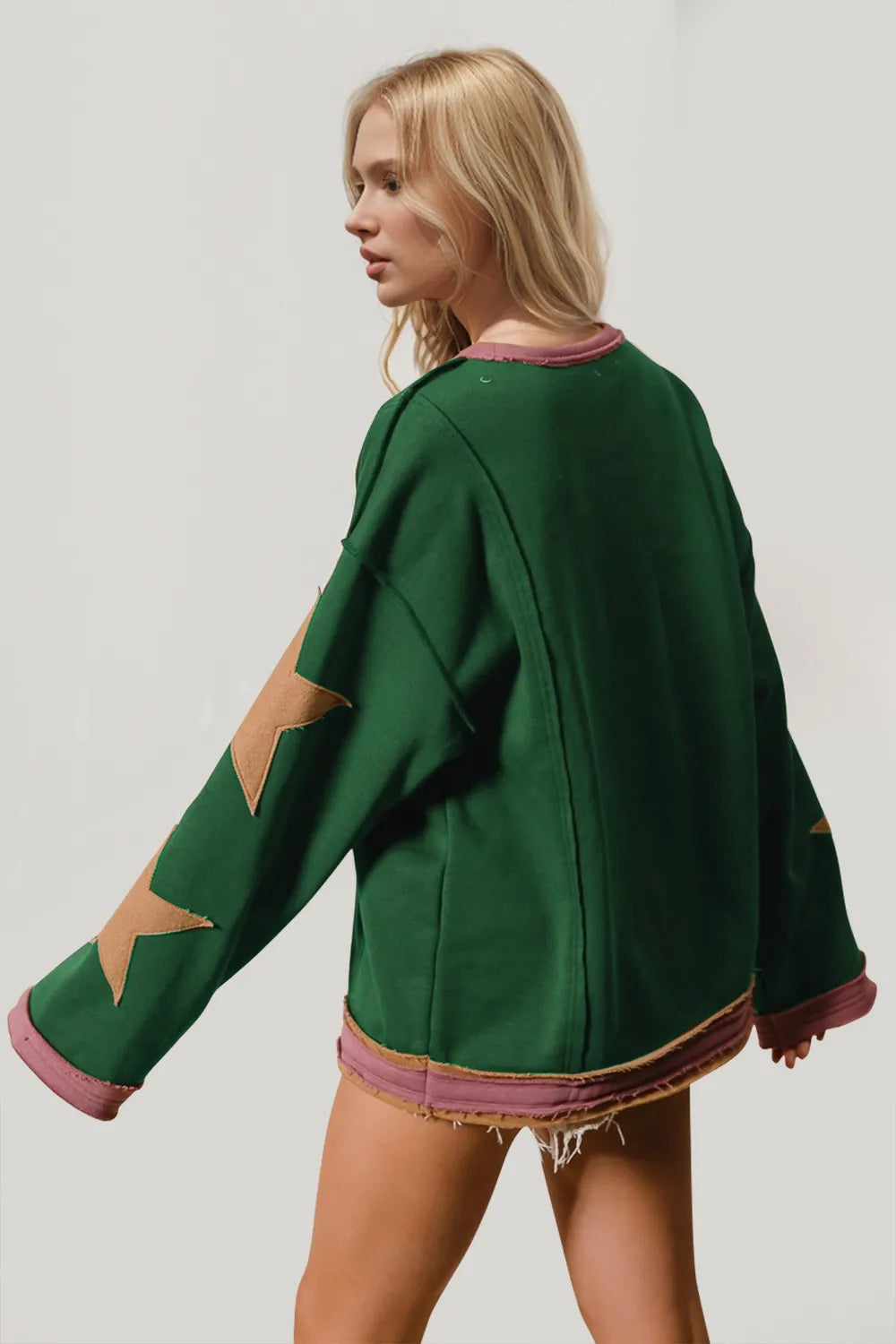 Double Take Star Patched Long Sleeve Sweatshirt.