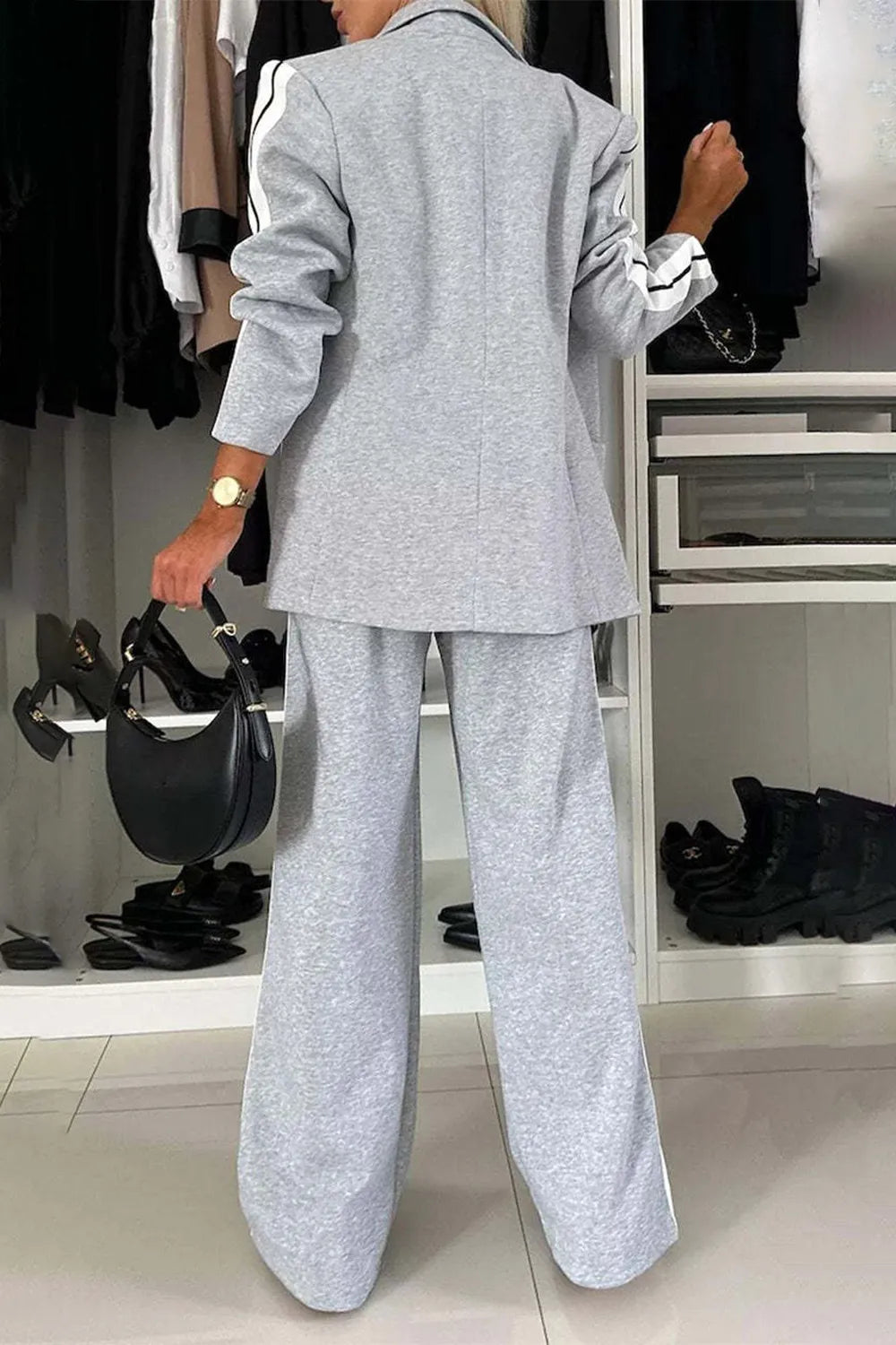 Full Size Contrast Lapel Collar Top and Pants Set.