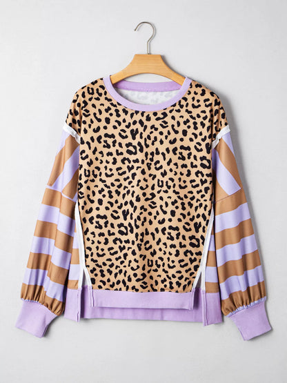 Stripe Color Block Patchwork Leopard Casual Sweatshirt with Slits.