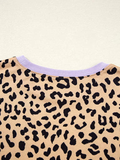 Stripe Color Block Patchwork Leopard Casual Sweatshirt with Slits.