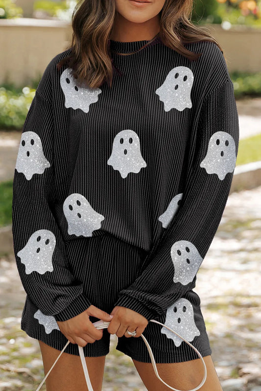 Glitter Ghost Round Neck Long Sleeve Top and Shorts Set.