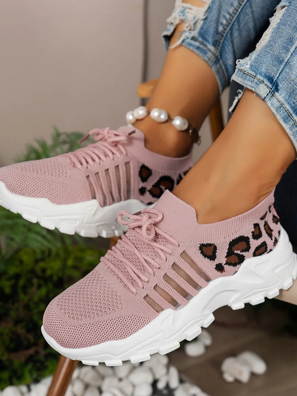 Cutout Leopard Lace Up Mesh Athletic.