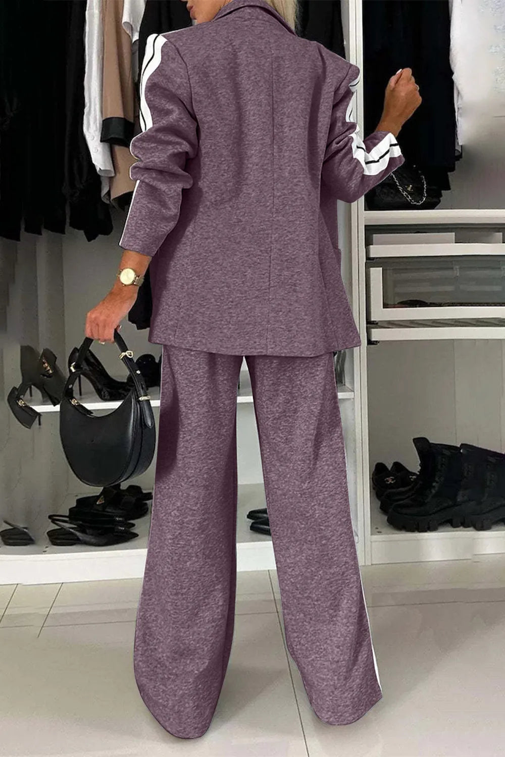 Full Size Contrast Lapel Collar Top and Pants Set.