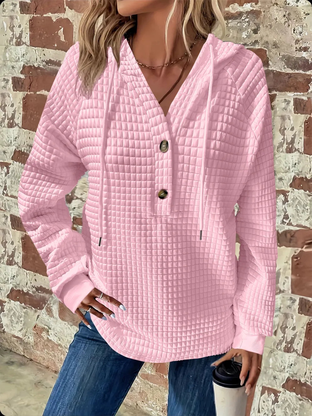 Full Size Texture Button Detail Drawstring Long Sleeve Hoodie.