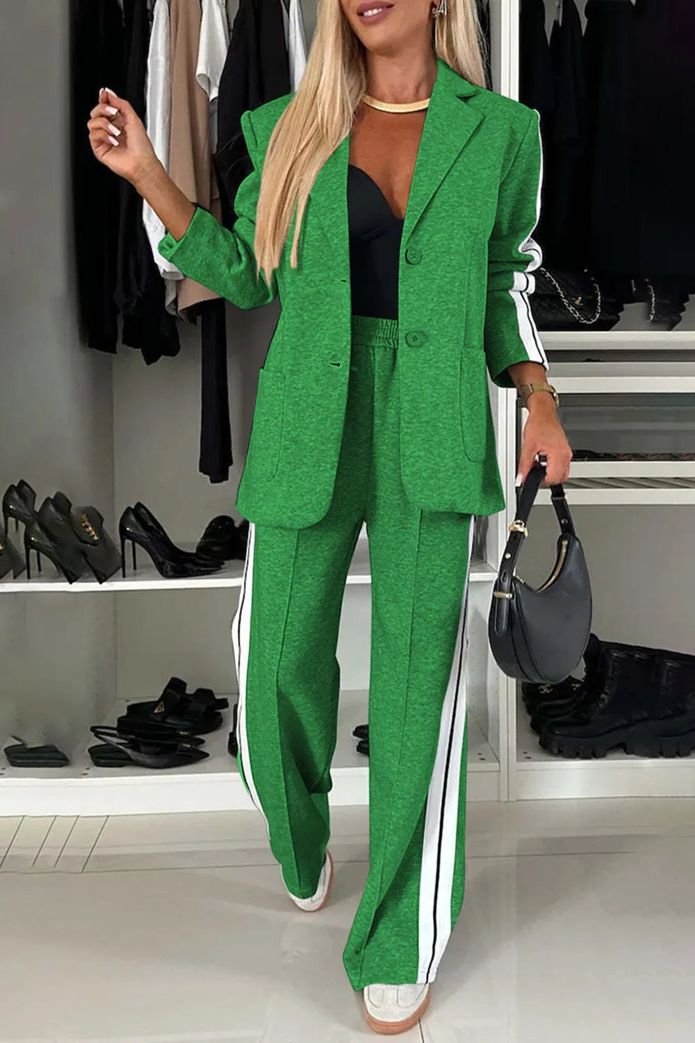 Full Size Contrast Lapel Collar Top and Pants Set.