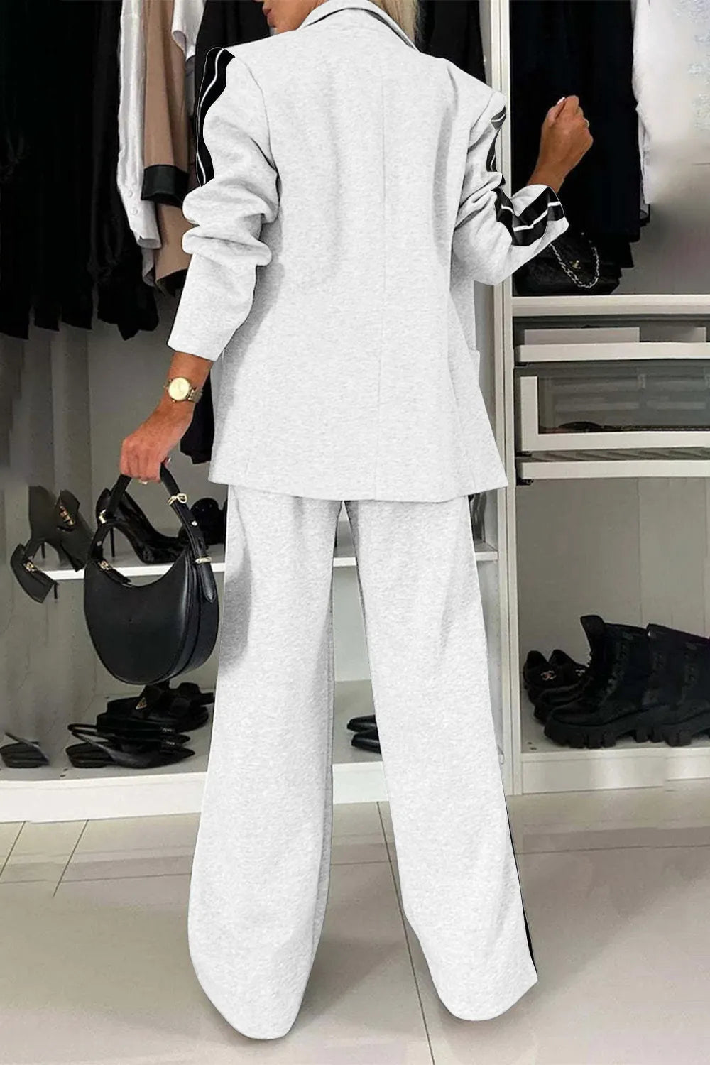Full Size Contrast Lapel Collar Top and Pants Set.