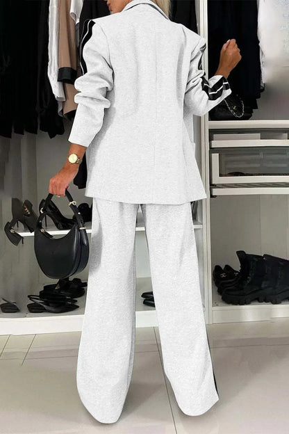 Full Size Contrast Lapel Collar Top and Pants Set.