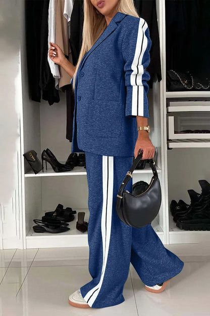 Full Size Contrast Lapel Collar Top and Pants Set.
