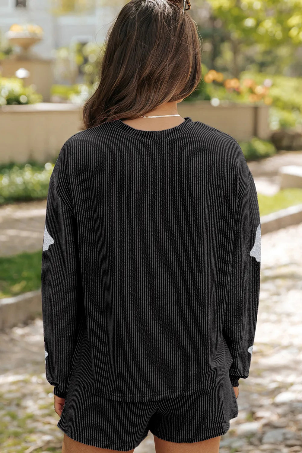 Glitter Ghost Round Neck Long Sleeve Top and Shorts Set.