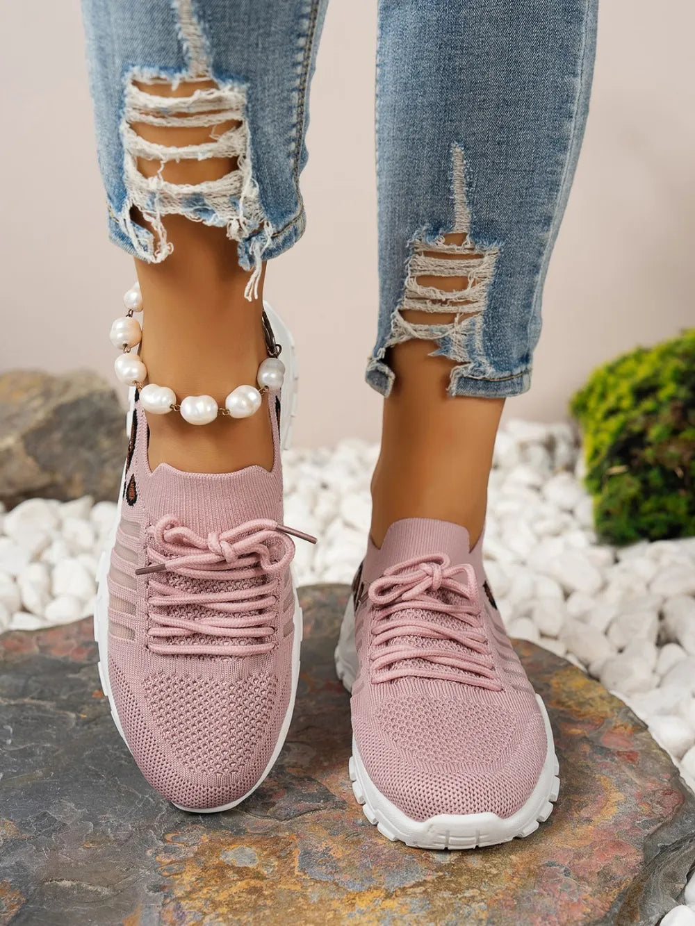 Cutout Leopard Lace Up Mesh Athletic.