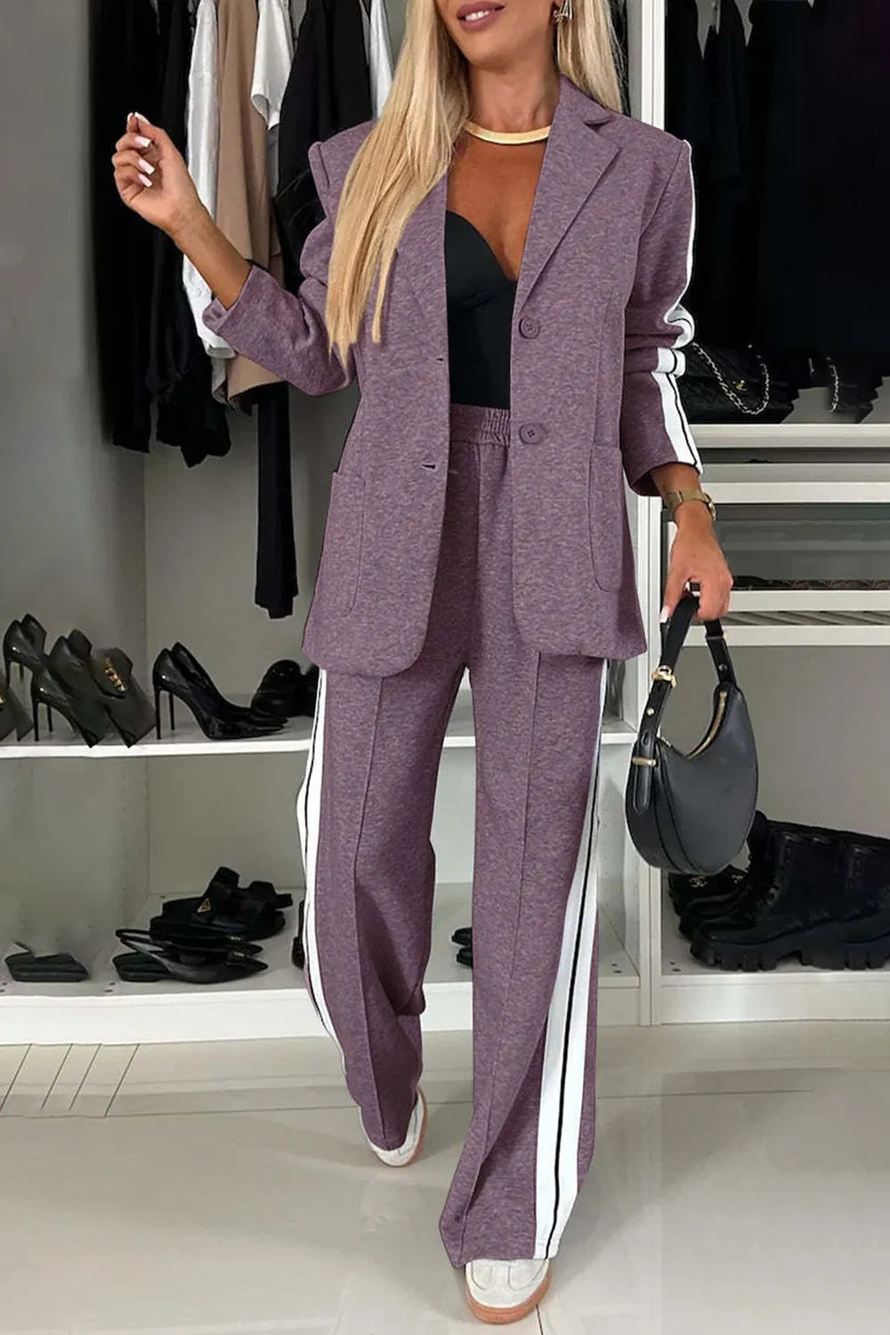 Full Size Contrast Lapel Collar Top and Pants Set.