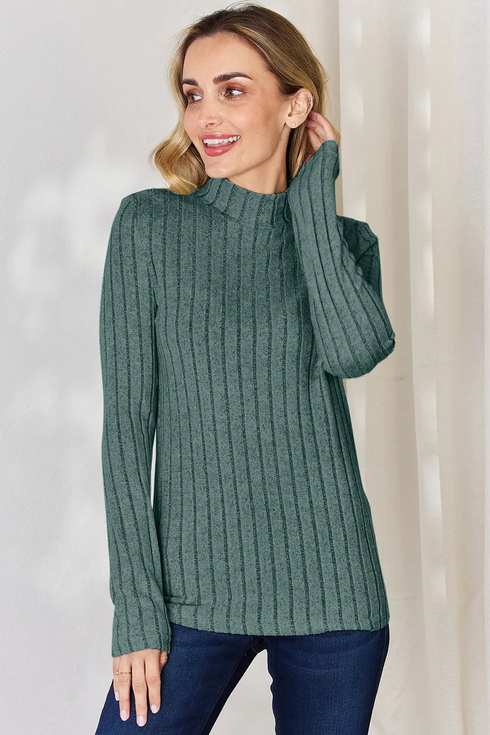 Basic Bae Full Size Ribbed Mock Neck Long Sleeve T-Shirt.