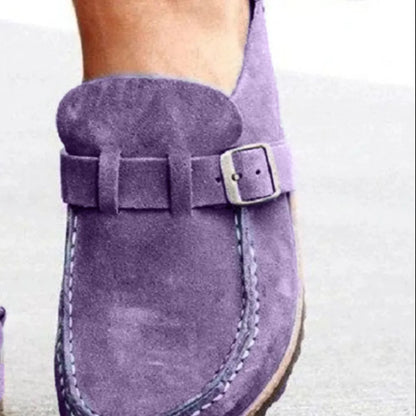 Round Toe Low Heel Buckle Loafers.