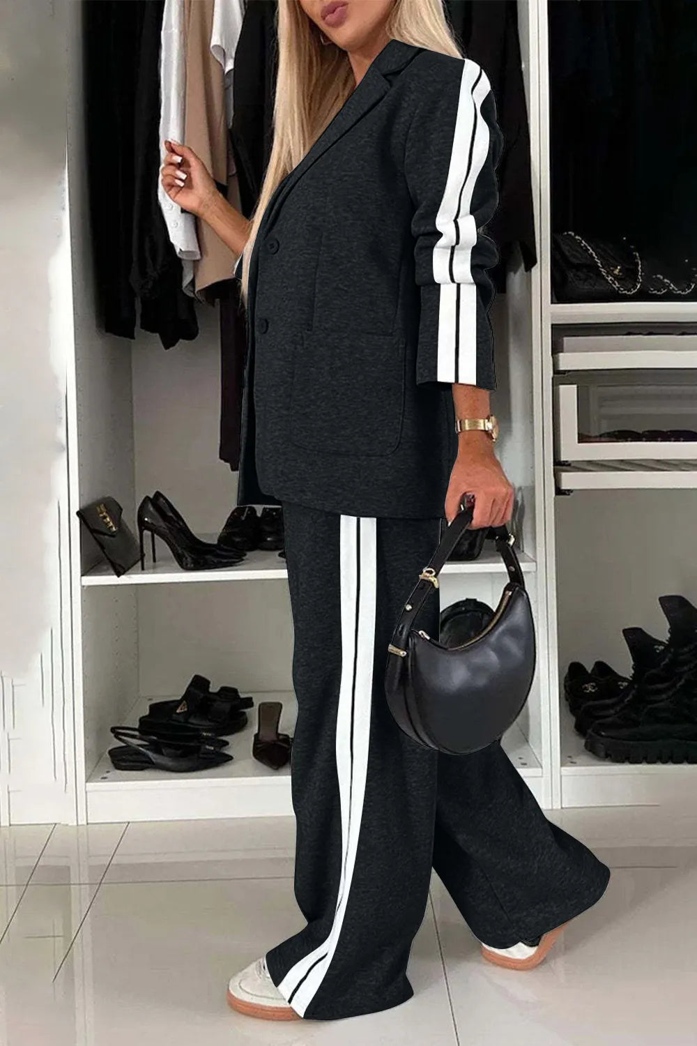 Full Size Contrast Lapel Collar Top and Pants Set.