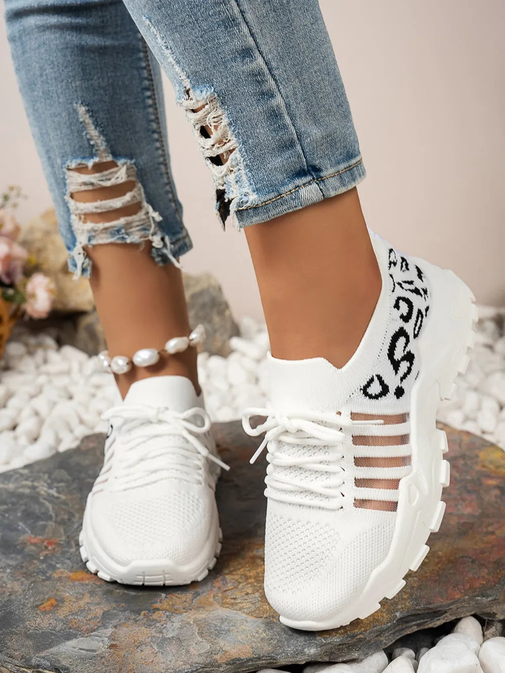 Cutout Leopard Lace Up Mesh Athletic.