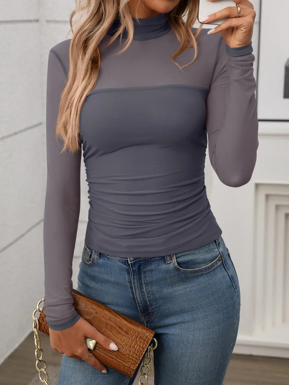 Mock Neck Long Sleeve Top.