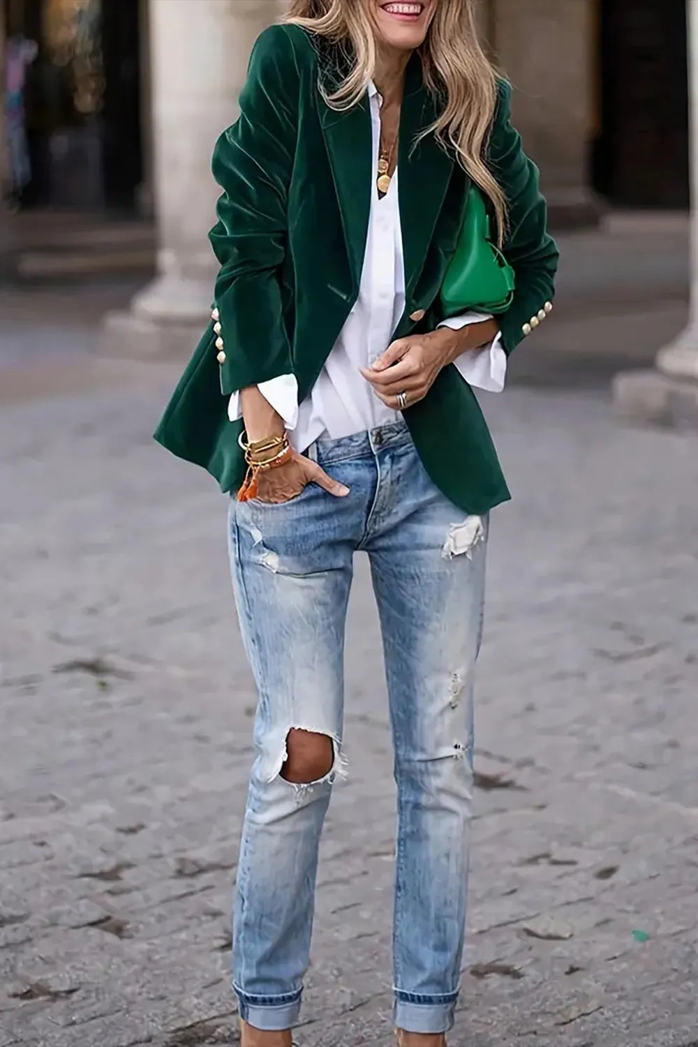 One Button Lapel Collar Long Sleeve Blazer.
